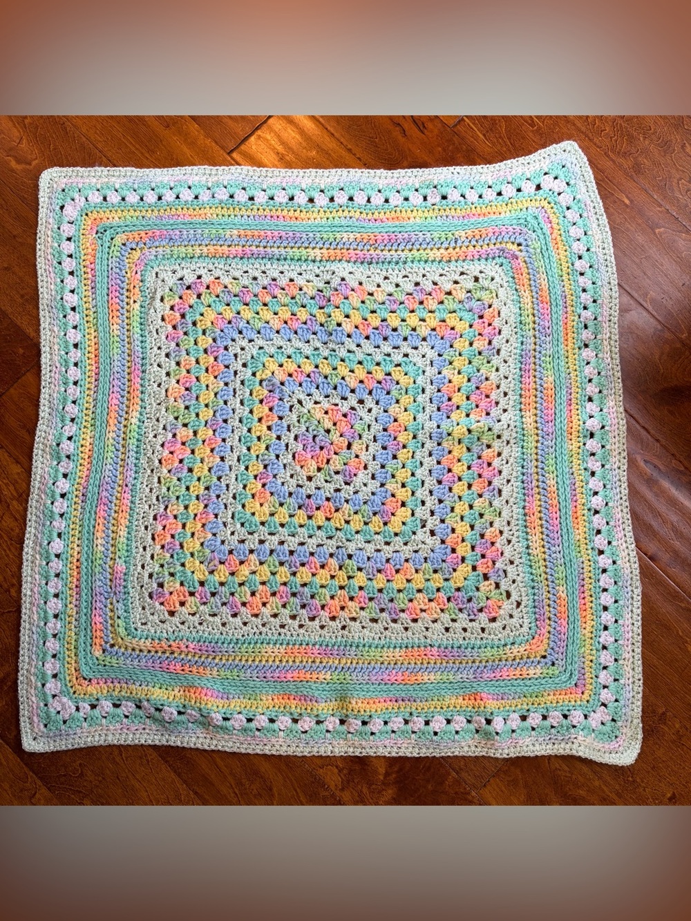 Handmade Crochet Baby Blanket Afghan White Pink Blue Yellow Green 32x32 pastel